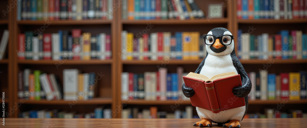 Penguin reading a book in a library with glasses, conveying a whimsical and intellectual mood, surrounded by colorful bookshelves Penguin reading a book in a library with glasses, conveying a whimsical and intellectual mood, surrounded by colorful bookshelves