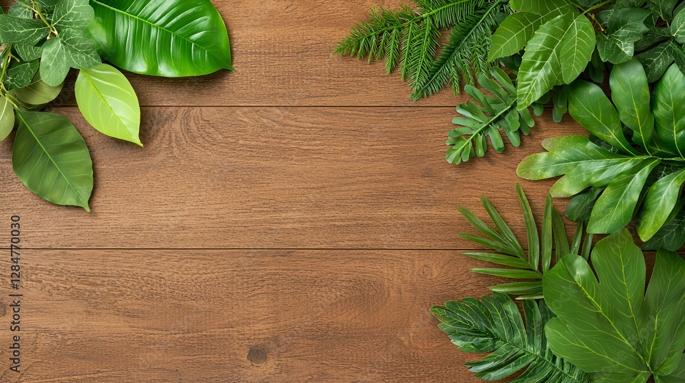 Tropical leaves frame on wood; nature background for design Tropical leaves frame on wood; nature background for design