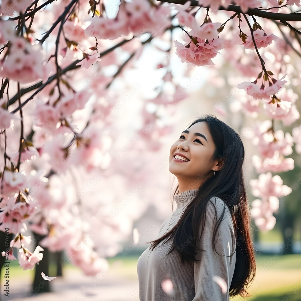 Una hermosa mujer viendo florecer cereza. Está sonriendo. Una hermosa mujer viendo florecer cereza. Está sonriendo.