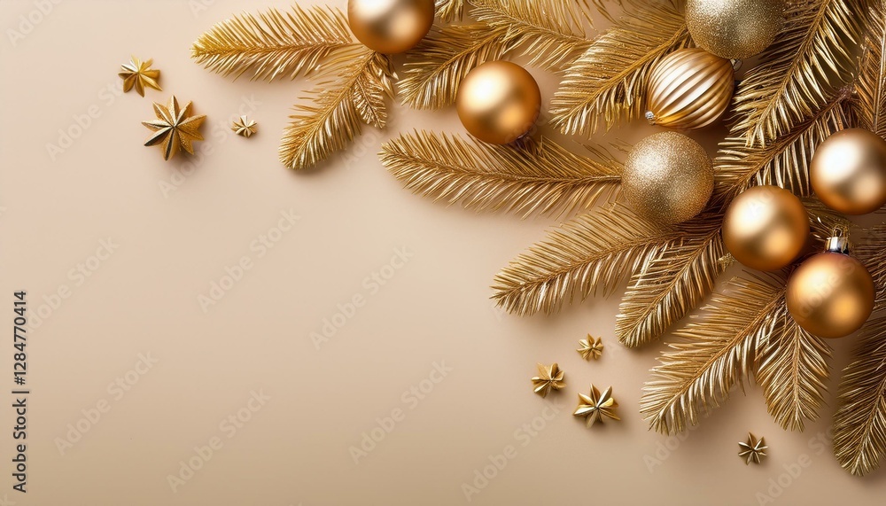 Naklejka premium Elegant golden Christmas tree branches adorned with decorative baubles on a soft beige background for festive celebrations