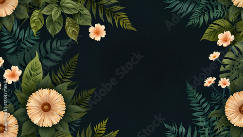 Flowers and leaves banner on black background. Beautiful summer nature.