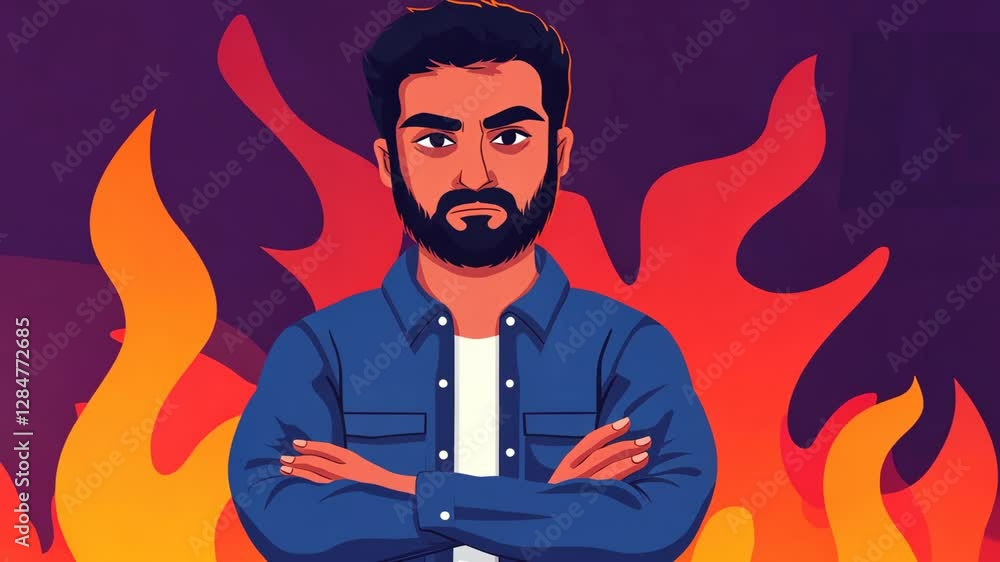 Confident young man stands amid flames showcasing resilience and determination in a digital artwork