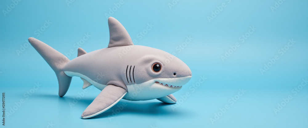 Plush shark toy with a cute expression showcasing a playful mood against a bright blue background Plush shark toy with a cute expression showcasing a playful mood against a bright blue background