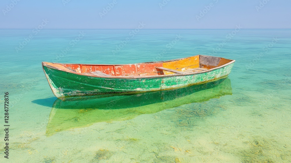 Fototapeta premium Colorful boat floats in calm turquoise sea, shallows visible. Tropical travel photo