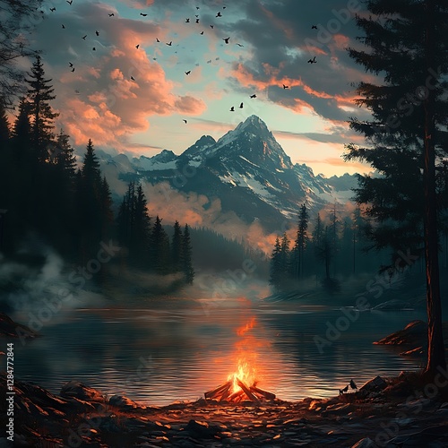 Majestic Mountain Landscape with Serene Forest Lake - Roaring Campfire, Misty Pine Trees, and Dramatic Sunset Sky, Cinematic Fantasy Adventure