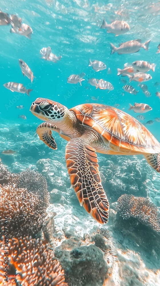 Obraz premium Sea turtle swimming amidst vibrant coral reef and fish.