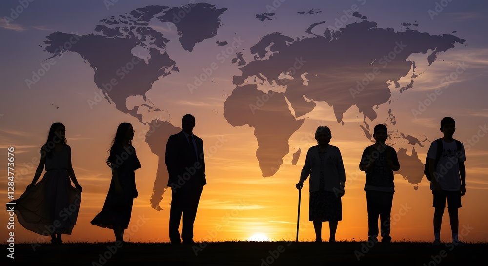 Fototapeta premium Silhouetted Children Standing Before a World Map at Sunset – Global Unity and Future Generations Concept