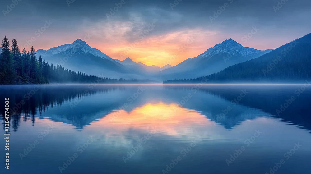 A tranquil mountain lake at sunrise, with clear reflections of snowcapped peaks on the calm water, symbolizing peace, stillness, and the beauty of nature’s untouched landscapes A tranquil mountain lake at sunrise, with clear reflections of snowcapped peaks on the calm water, symbolizing peace, stillness, and the beauty of nature’s untouched landscapes