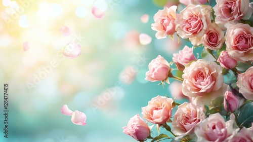 Wallpaper Mural Beautiful pink roses on green background with floating petals in soft sunlight. Space for text Torontodigital.ca