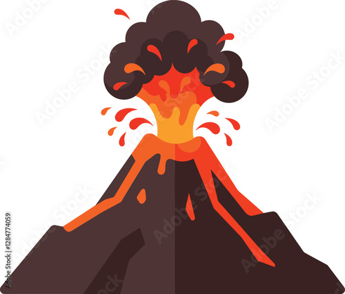 Erupting volcano spewing lava and ash in a dramatic scene, showcasing vibrant colors in a flat design vector art