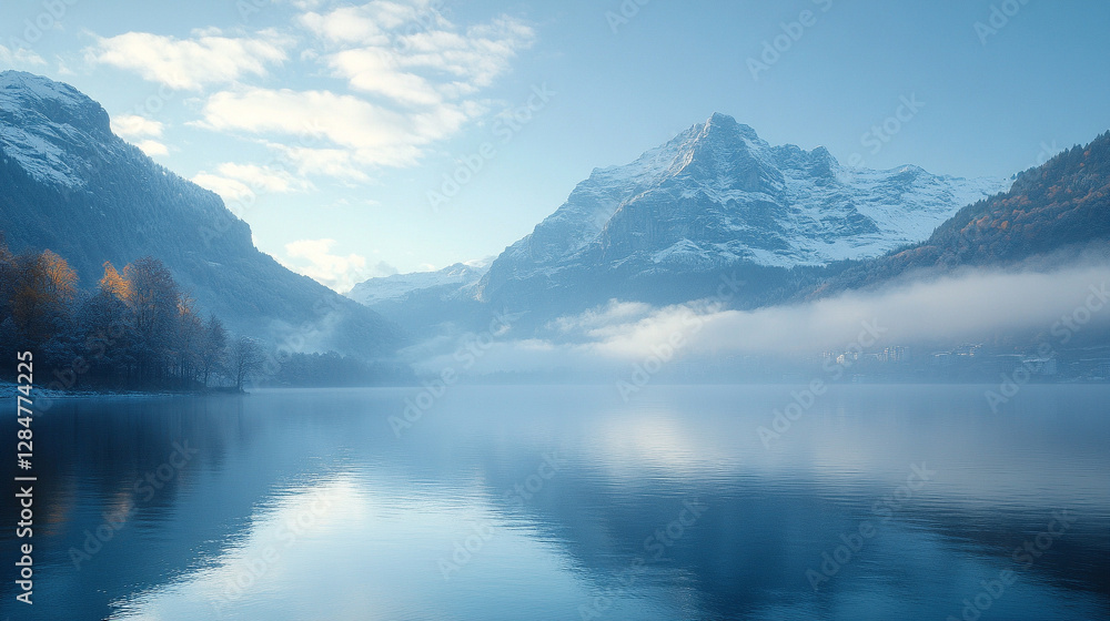 A tranquil mountain lake at sunrise, with clear reflections of snowcapped peaks on the calm water, symbolizing peace, stillness, and the beauty of nature’s untouched landscapes A tranquil mountain lake at sunrise, with clear reflections of snowcapped peaks on the calm water, symbolizing peace, stillness, and the beauty of nature’s untouched landscapes
