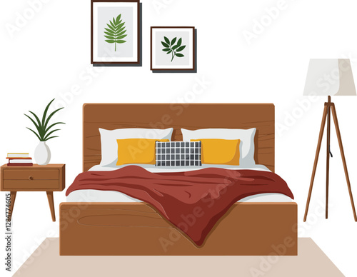 Cozy bedroom interior featuring a wooden bed, stylish decor, and a tall lamp in a flat design vector illustration
