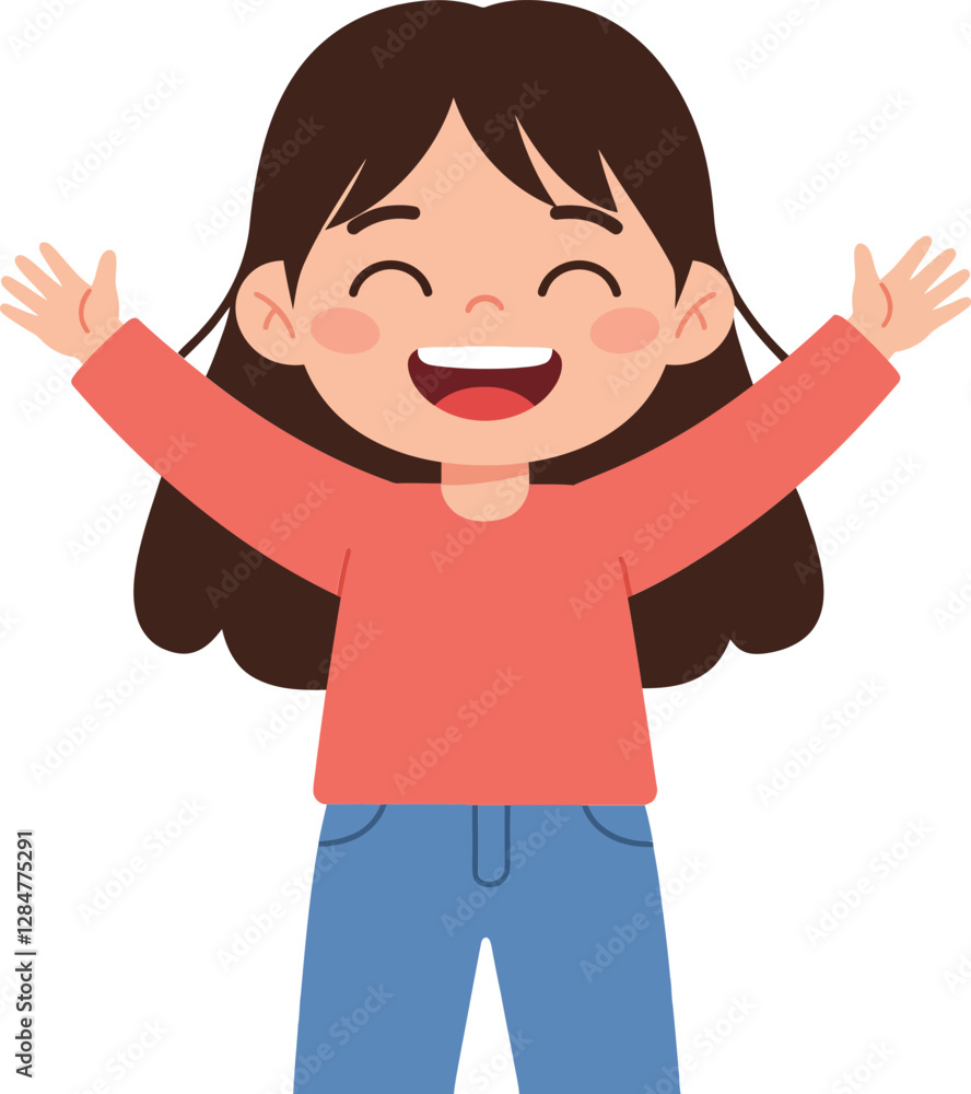 Happy young girl with brown hair and joyful expression wearing a red shirt and blue jeans in flat vector art Happy young girl with brown hair and joyful expression wearing a red shirt and blue jeans in flat vector art
