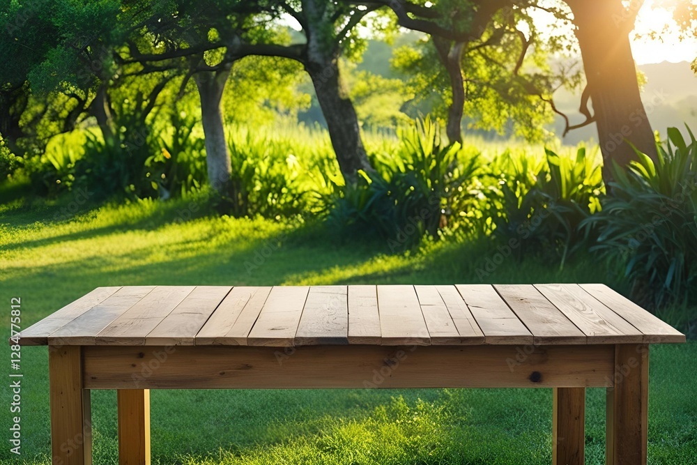Naklejka premium Empty wooden table on the natural background. For product