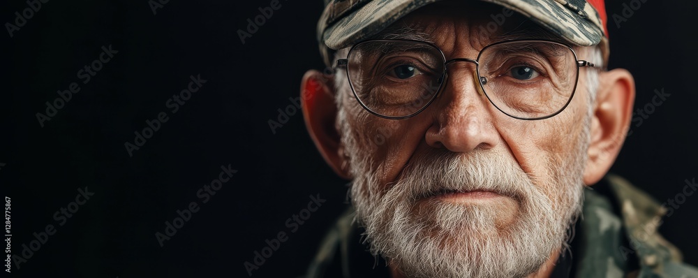 Elderly man in camo cap and glasses against dark background Elderly man in camo cap and glasses against dark background