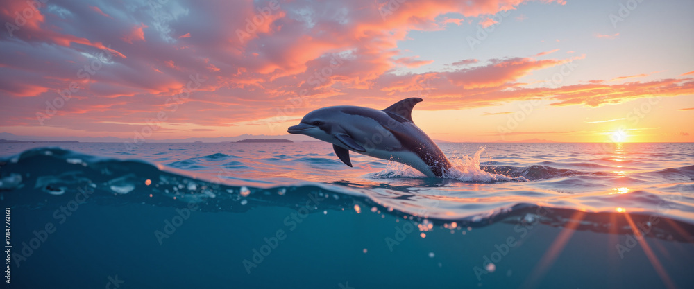 Obraz premium Dolphin leaping gracefully against a vibrant sunset backdrop evoking a sense of freedom and joy