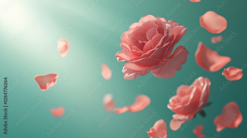 Beautiful pink roses on green background with floating petals in soft sunlight. Space for text Beautiful pink roses on green background with floating petals in soft sunlight. Space for text