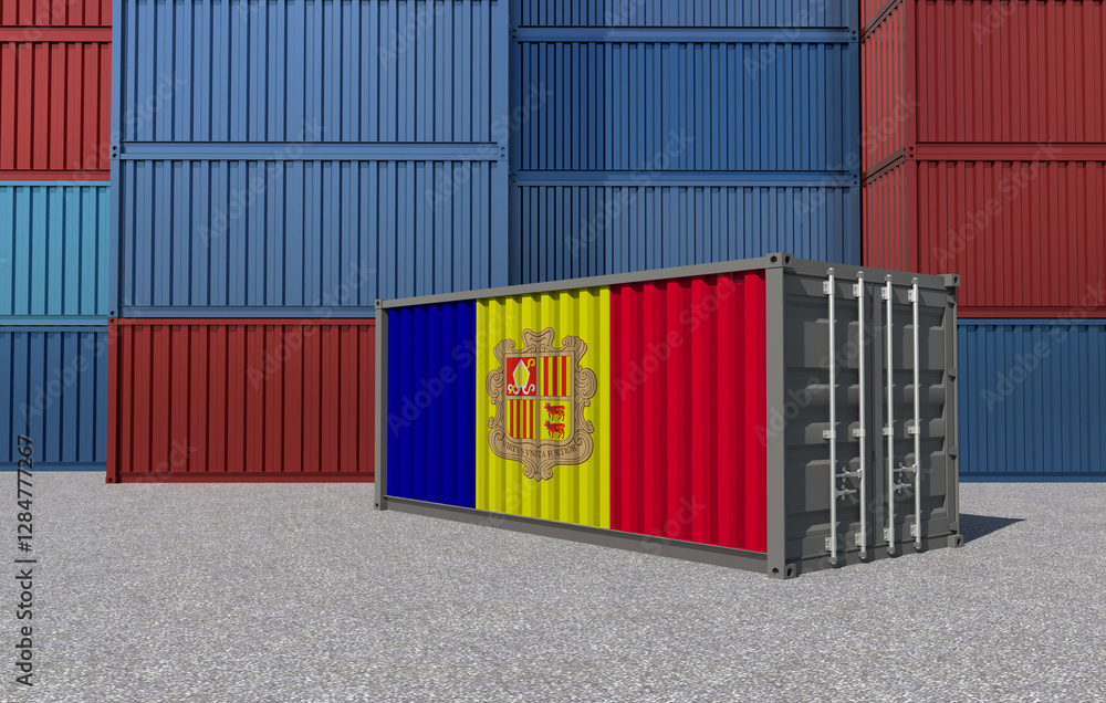 Fototapeta premium Andorra Flag on a shipping container in a container yard - 3D Illustration