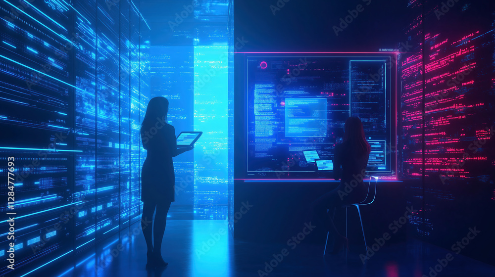 A businesswoman working on a laptop in a server room with a blue digital background, representing the concept of network connection technology A businesswoman working on a laptop in a server room with a blue digital background, representing the concept of network connection technology