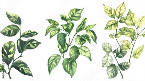 Lush Green Foliage Botanical Illustration: Vibrant Leaves and Branches