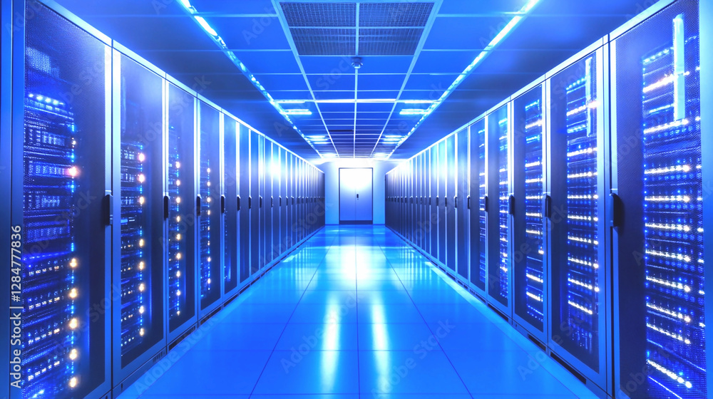 Data Fortress: An expansive server room bathed in a futuristic blue glow, with rows of meticulously organized servers creating a sense of advanced technology and digital infrastructure. Data Fortress: An expansive server room bathed in a futuristic blue glow, with rows of meticulously organized servers creating a sense of advanced technology and digital infrastructure.