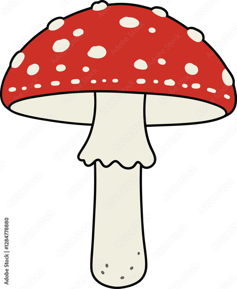 A vibrant red mushroom with white spots standing tall in a whimsical, flat design style showcasing natures charm and simplicity in vector art A vibrant red mushroom with white spots standing tall in a whimsical, flat design style showcasing natures charm and simplicity in vector art