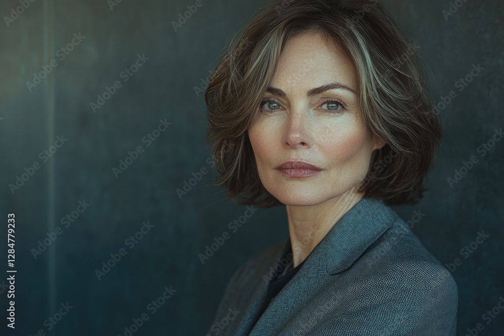 Obraz premium A sophisticated woman with short, wavy brown hair, wearing a grey blazer, gazes intently.