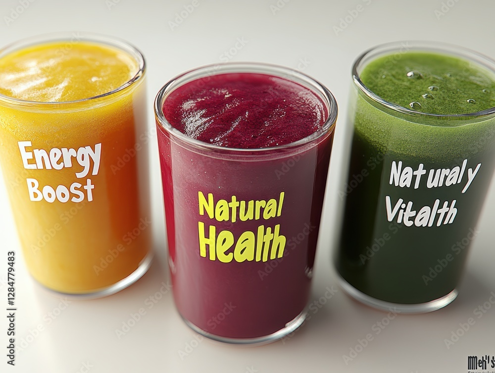Photo of a health drink in a transparent glass with a label for energy Photo of a health drink in a transparent glass with a label for energy