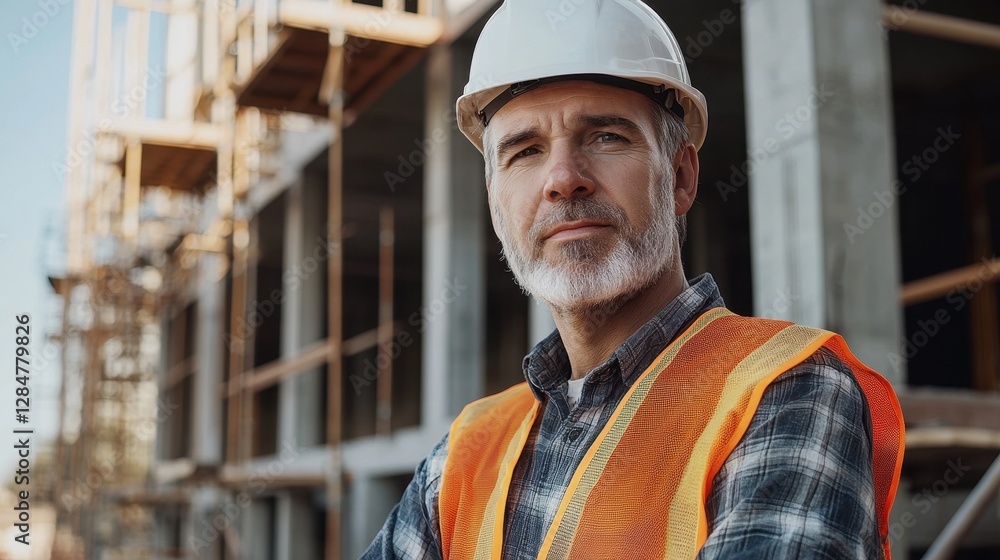 Portrait of a middle-aged Caucasian man in construction attire, showcasing confidence and professionalism at a building site. Perfect for industry-related themes. Portrait of a middle-aged Caucasian man in construction attire, showcasing confidence and professionalism at a building site. Perfect for industry-related themes.