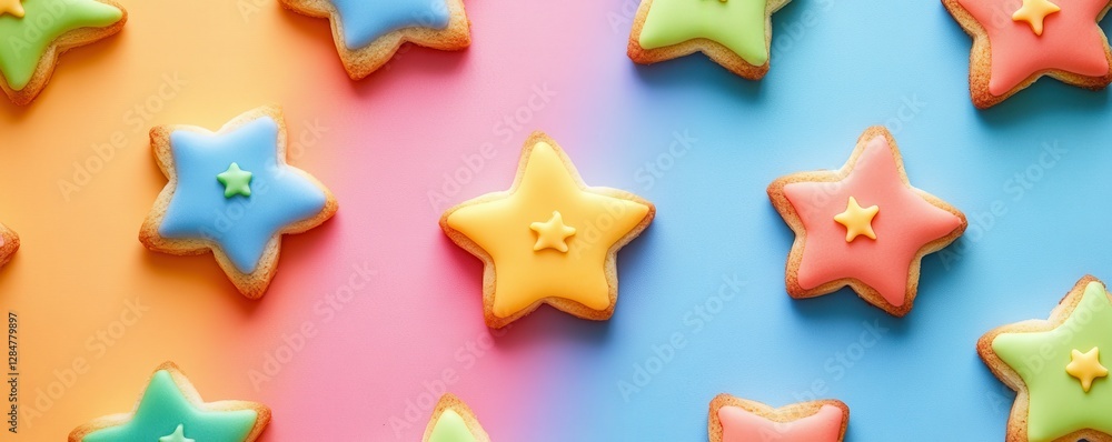 Colorful star-shaped cookies with icing on vibrant background Colorful star-shaped cookies with icing on vibrant background