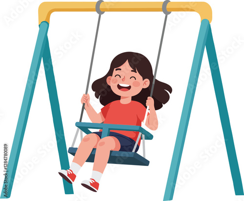 A joyful girl swinging high on a playground swing set in a flat, colorful design vector art