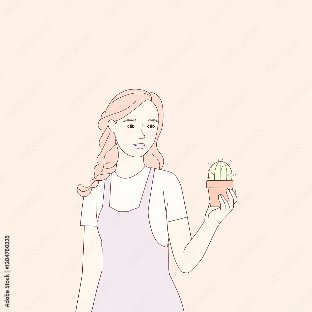 young woman gently holds a small potted cactus young woman gently holds a small potted cactus