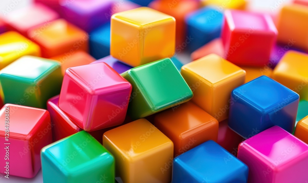 Abstract geometric design of colorful cubes glowing under soft diffused light, forming a dynamic modern composition