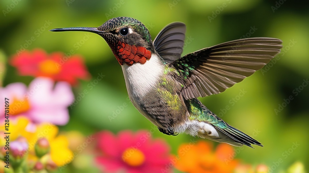 Fototapeta premium Ruby-throated hummingbird hovering, garden, flowers, blur, nature, wildlife, poster
