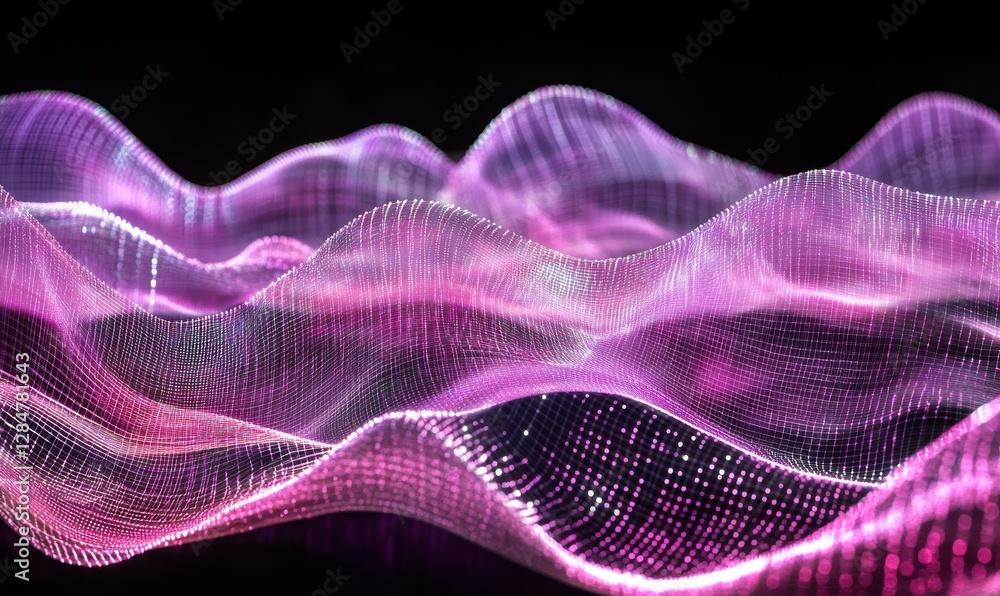 Abstract glowing pink and purple grid pattern forming undulating waves, illuminated softly for a futuristic motion effect Abstract glowing pink and purple grid pattern forming undulating waves, illuminated softly for a futuristic motion effect