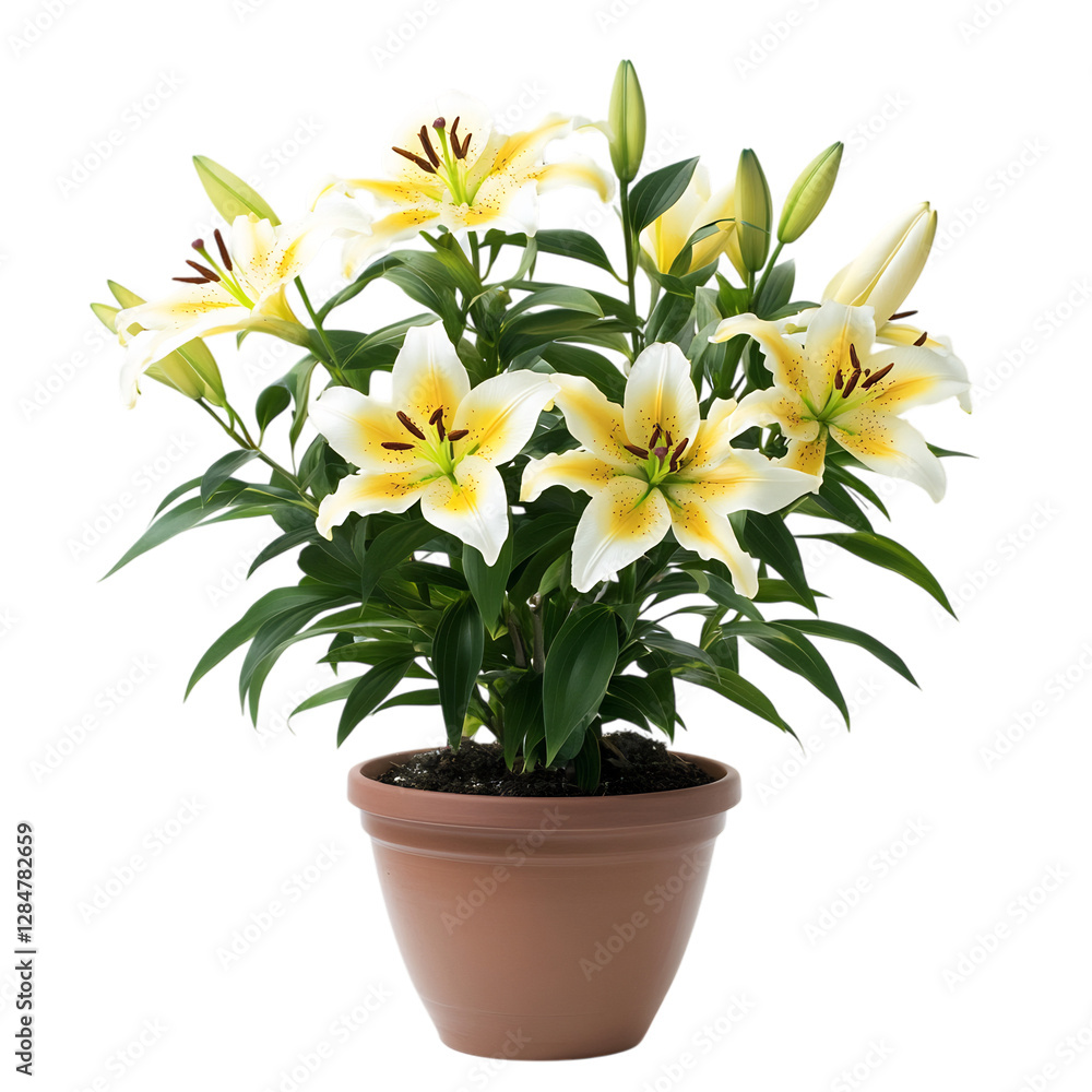 A Vibrant Potted Lily Plant with Delicate White Flowers Isolated on Transparent Background A Vibrant Potted Lily Plant with Delicate White Flowers Isolated on Transparent Background