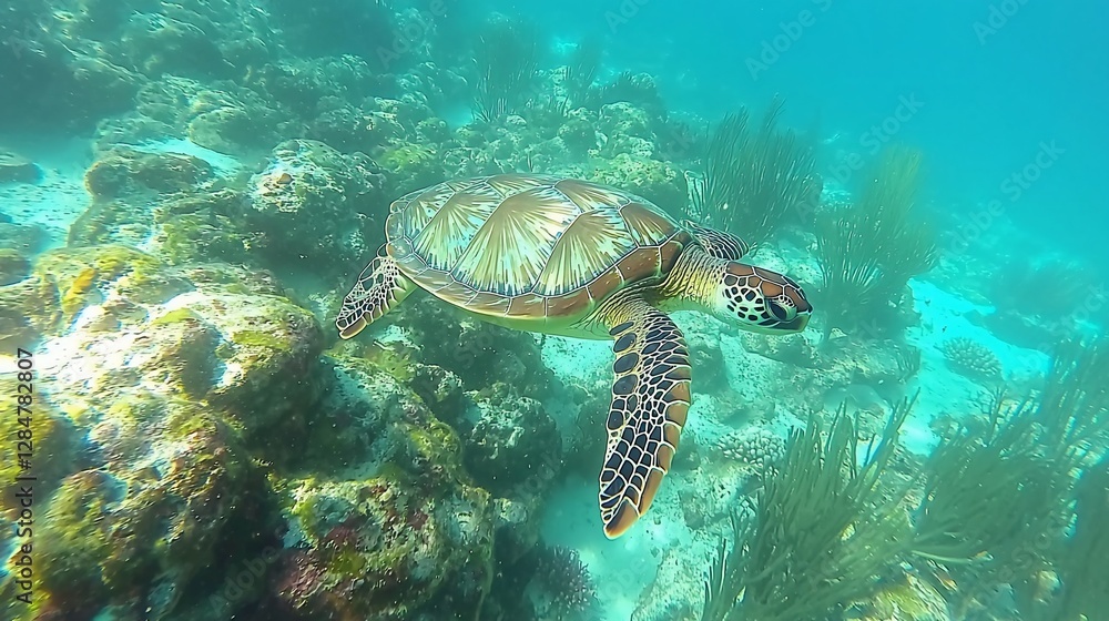 Obraz premium Underwater sea turtle swimming near coral reef.