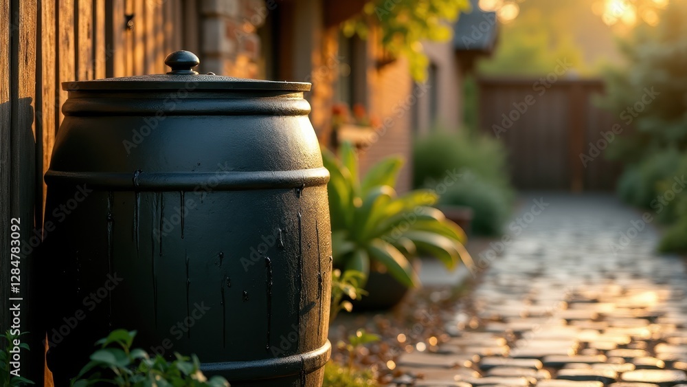 Obraz premium Rain Barrel, A rain barrel against a rustic fence during golden hour with hyper-realistic textures in 8K UHD.