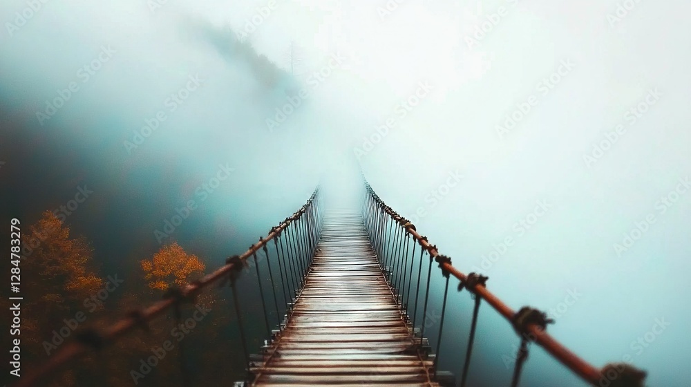 Fototapeta premium A lengthy wooden bridge traverses a dense forest shrouded in mist, surrounded by towering trees on either side