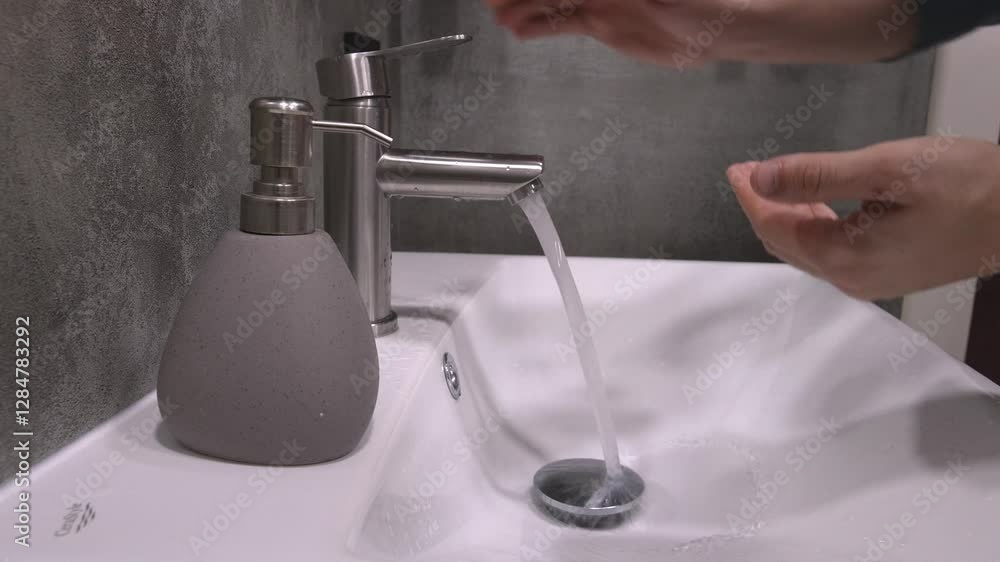 Man squeezing liquid soap onto his hands. Thorough hand washing using running water and soap in modern bathroom sink, demonstrating proper hand hygiene and effective bacteria prevention techniques Man squeezing liquid soap onto his hands. Thorough hand washing using running water and soap in modern bathroom sink, demonstrating proper hand hygiene and effective bacteria prevention techniques