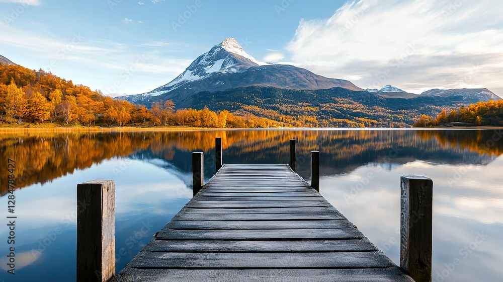 Naklejka premium Wooden dock on lake with autumn foliage and snow-capped mountain in background