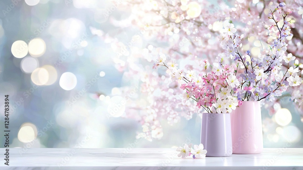 A close-up shot of two vases with flowers and a book of light on a table in the background A close-up shot of two vases with flowers and a book of light on a table in the background