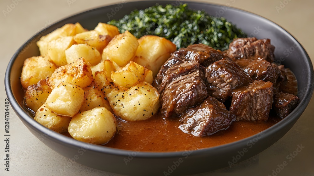 Traditional Liverpool Scouse with braised beef chunks, crispy roasted potatoes and side of greens Traditional Liverpool Scouse with braised beef chunks, crispy roasted potatoes and side of greens