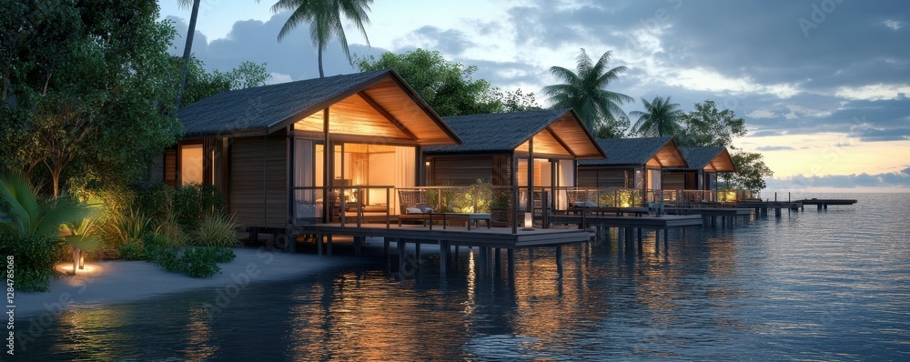 Obraz premium Sunset overwater bungalows surrounded by tropical lush trees and tranquil ocean