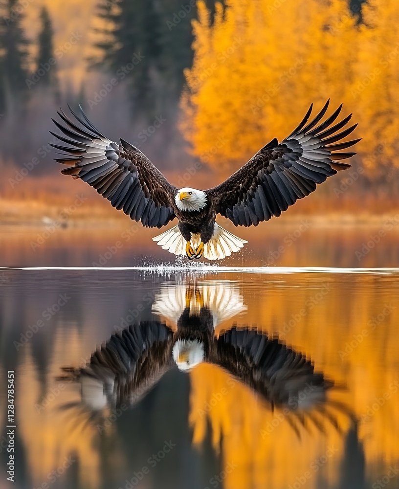 Obraz premium Majestic Bald Eagle Taking Flight over Tranquil Lake in Autumn
