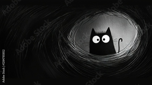   A monochrome photo shows a feline poking its head out from a tunnel with large, open eyes