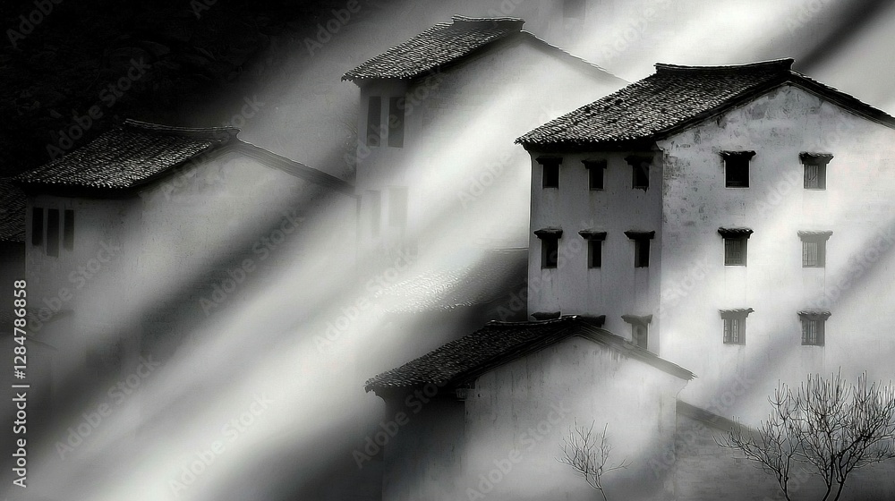 Black and white image of building with tree in foreground and foggy sky in background Black and white image of building with tree in foreground and foggy sky in background