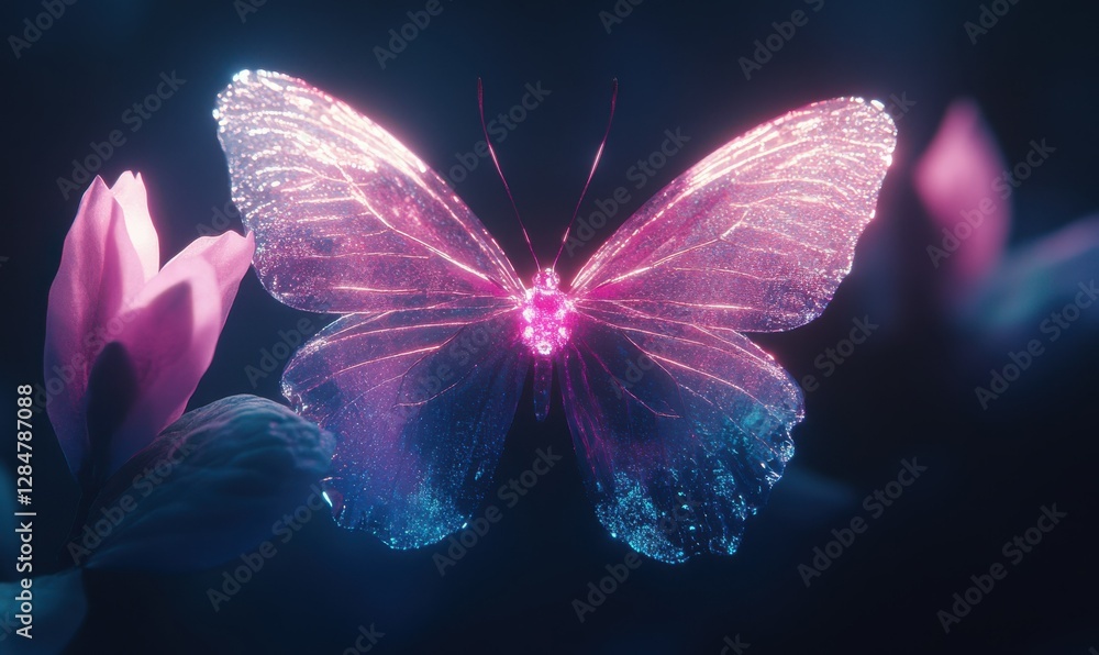Fototapeta premium Elegant crystal butterfly illuminated by soft pink and blue light, glowing delicately against a dark ethereal background