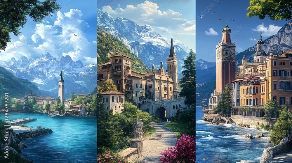 Fototapeta premium Picturesque Mountain Village by a Serene Lake with Charming Architecture and Lush Greenery