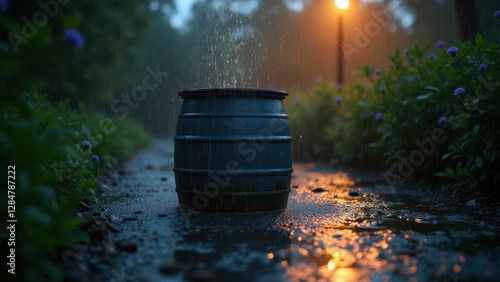 Rain Barrel, Front view of a rain barrel under dusk lighting reflecting artificial glow amidst lush greenery. Hyper-realistic tranqui photo